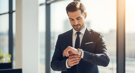Elegant businessman checking time in modern office is perfect for time management, scheduling, and corporate success visuals with a professional look and feel