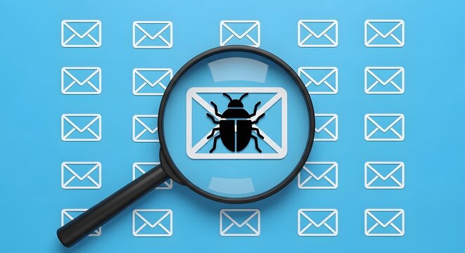 Detecting cyber threats with magnifier over email icons, explore vulnerability and enhance digital security with proactive protection against online attacks