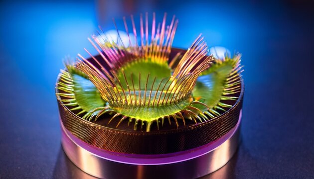 futuristic venus flytrap sculpture with gold spikes and colorful pixelated lights on scientific display base