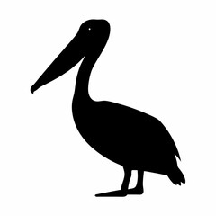 A solitary black silhouette of a pelican against a white background