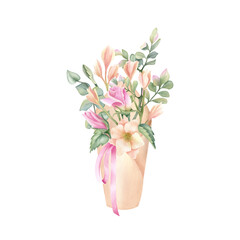 Craft paper cone with delicate flower bouquet, pink ribbon. Floral wrap pack in rustic style with roses, freesia, eucalyptus and pistachio leaves. Watercolor beautiful isolated spring Illustration