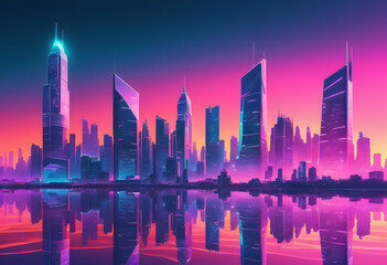 Fototapeta premium Futuristic city skyline with trendy vaporwave colors and creative gradient lighting reflecting on water at sunset for vibrant urban scene
