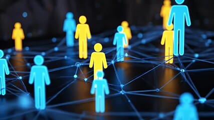 An abstract digital landscape features a diverse group of stylized human figures, some glowing blue and others yellow, standing on an intricate, illuminated network grid. Bright nodes and lines dynami - Powered by Adobe