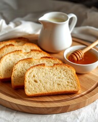Naklejka premium a delightful food arrangement featuring bread, honey, and milk, creating a warm and inviting scene