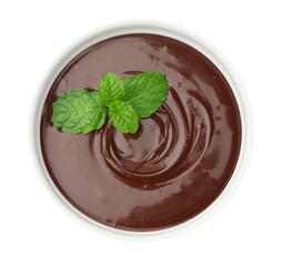 Melted chocolate with mint in bowl isolated on white, top view