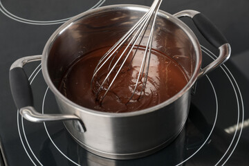 Mixing melted chocolate with whisk in pot, closeup