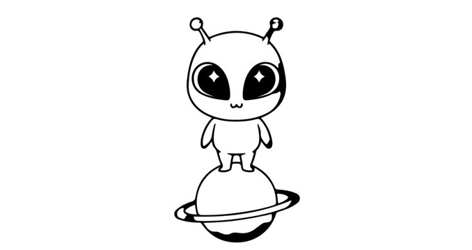 Adorable cartoon alien character standing on a tiny planet with big shiny eyes and soft pastel colors. Designed in clean vector style with a white background.