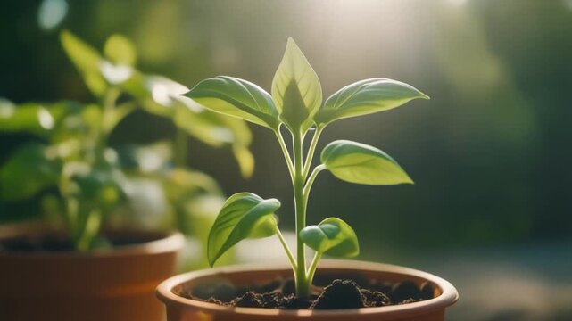 Close-up timelapse of a green leafy plant in pot growing very fast. 