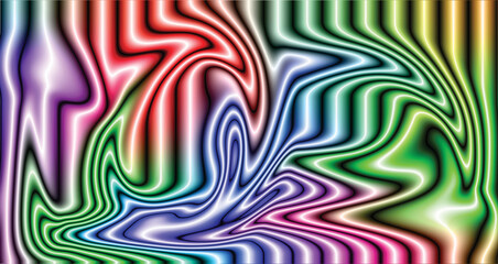 Colorful rainbow seamless pattern vector illustration with bright psychedelic swirl lines, curves, and retro wave art texture design backdrop