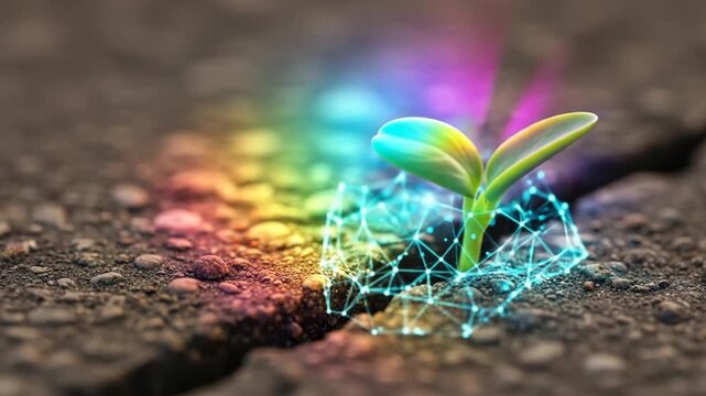 Resilient seedling emerges through crack in earth, rainbow light symbolizing hope and growth