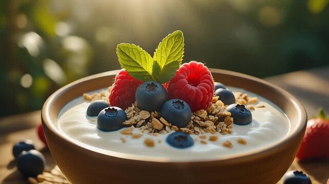 A bowl of yoghurt with granola and berries on blurred green jungle background. 