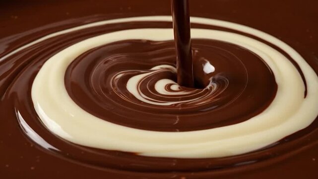 Close up of liquid dark and white chocolate blending together
