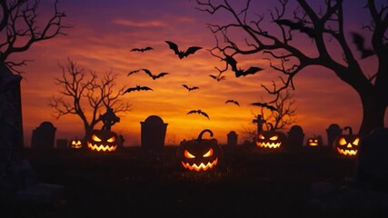 Haunted cemetery with pumpkins, bats and misty orange twilight sky - Powered by Adobe