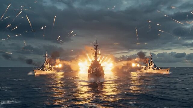 Dramatic Naval Combat Scene with Battleships Launching Firepower