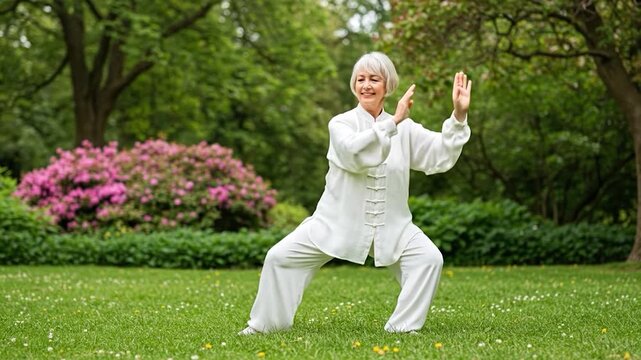 Mature Woman Performing Tai Chi Exercise in Garden Setting