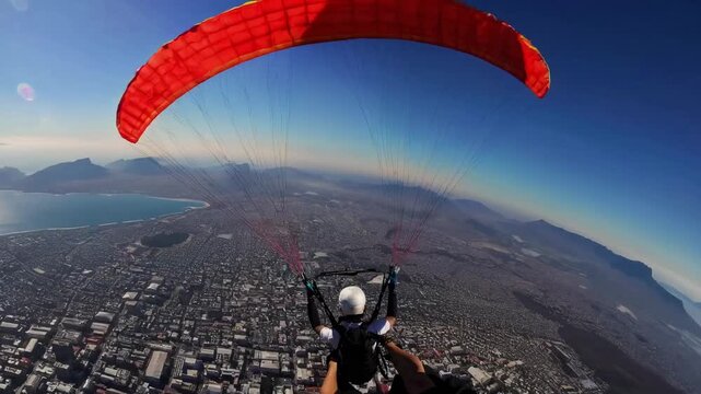Aerial video captures a vibrant paraglider soaring over a vast landscape. Wide-angle shot emphasizes the expansive sky and distant horizon.