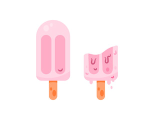 Illustration of a pink strawberry ice cream bar. Melting ice cream. Dessert and sweet. Flat style design. White background.