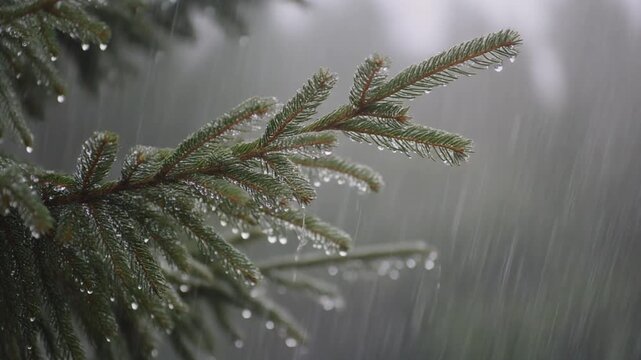Close-up of rain drops on a pine tree branch. Blurred background. Moody atmosphere of a rainy day. 