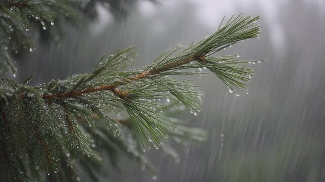 Close-up of rain drops on a pine tree branch. Blurred background. Moody atmosphere of a rainy day. 
