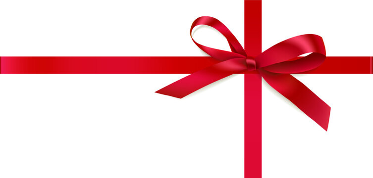 Decorative Christmas red bow with horizontal and vertical red ribbon isolated on white. Beautiful new year decoration for gift design. Vector stock illustration.