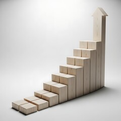 Wooden block staircase with an arrow pointing upwards, isolated on white background, symbolizing growth, progress, and achievement in business and career development