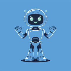 Cute Friendly Robot Character Vector Illustration,Futuristic Cartoon Robot Mascot on Blue Background,Modern AI Robot Assistant Smiling Vector Art,Friendly Artificial Intelligence Robot Chat.