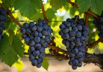 Lush purple grape clusters ripen on the vine under warm sunlight, promising a bountiful harvest season for winemaking ,ingredient ,sunlight ,cultivated