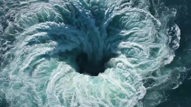 An intense aerial view captures a powerful whirlpool dramatically churning dark blue and green ocean water. The strong currents create a mesmerizing vortex, pulling the water downwards into a deep, ce