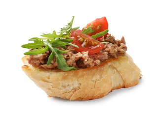 Delicious bruschetta with tuna, tomato and arugula isolated on white