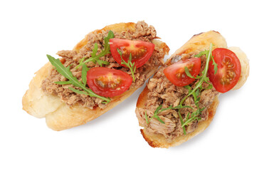 Delicious bruschettas with tuna, tomatoes and arugula isolated on white, top view