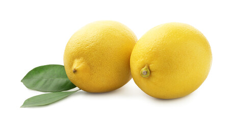Two whole ripe lemons and leaves isolated on white