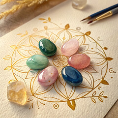 Delicate watercolor mandala with assorted polished healing crystals for spiritual wellness and meditation illustration