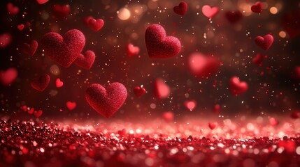 Romantic background with red hearts and glitter, symbolizing love and affection. Perfect for Valentine&rsquo;s Day, 14 February, wedding invitations, and romantic greetings. Festive card, wallpaper