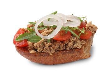 Delicious bruschetta with tuna, tomato, onion and arugula isolated on white