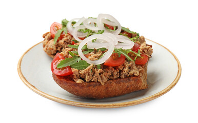 Delicious bruschettas with tuna, tomatoes, onion and arugula isolated on white