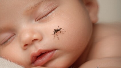 Baby sleeping peacefully with mosquito on cheek in soft light  