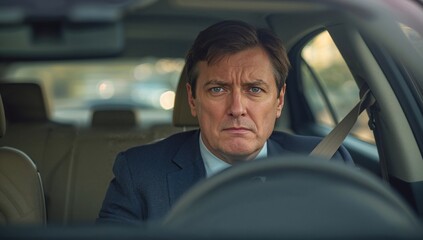 Businessman driving car with serious expression in urban setting  
