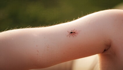 Insect crawling on child's bare skin during summer outdoors  