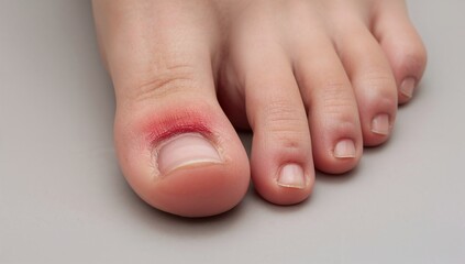 Close-up of foot with swollen toe showing redness and irritation  