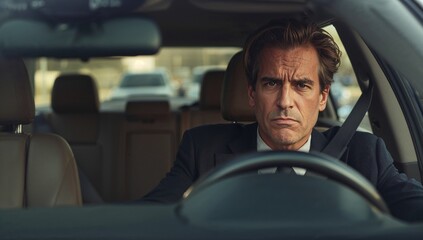 Man driving in a car with focused expression in urban environment  