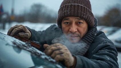 Middle-aged man scraping ice from car windshield in snowy weather  