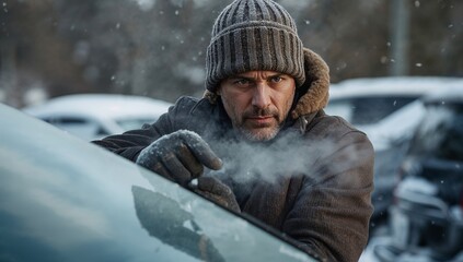 Man scraping ice off car windshield in winter snowfall  