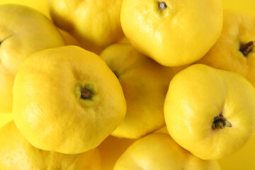 Fresh quince fruits on yellow background, closeup
