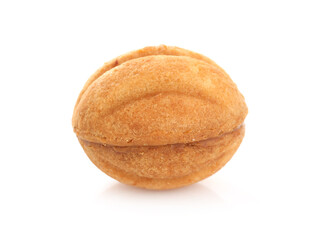 Delicious nut shaped cookie with boiled condensed milk isolated on white