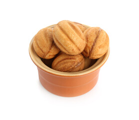 Delicious nut shaped cookies with boiled condensed milk in bowl isolated on white