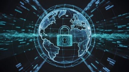 Fototapeta premium glowing earth made of blue digital network lines with padlock in front showing worldwide cybersecurity and global data protection concept with dark space background and neon light