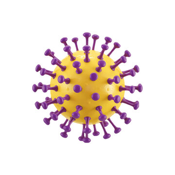 3D Render of Stylized Yellow Virus Particle with Purple Spikes, Smooth Medical Illustration on White Transparent PNG Background