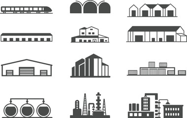 Black and white industrial icons, factory, warehouse, refinery, train, chemical plant, storage tanks, infrastructure, vector illustration, logistics, engineering, manufacturing