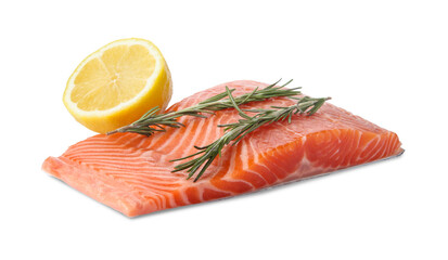 Piece of salmon fillet with rosemary and lemon isolated on white