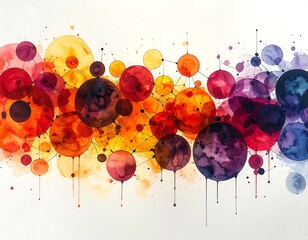 Abstract watercolor painting of connected circles in vibrant red, orange, and purple hues